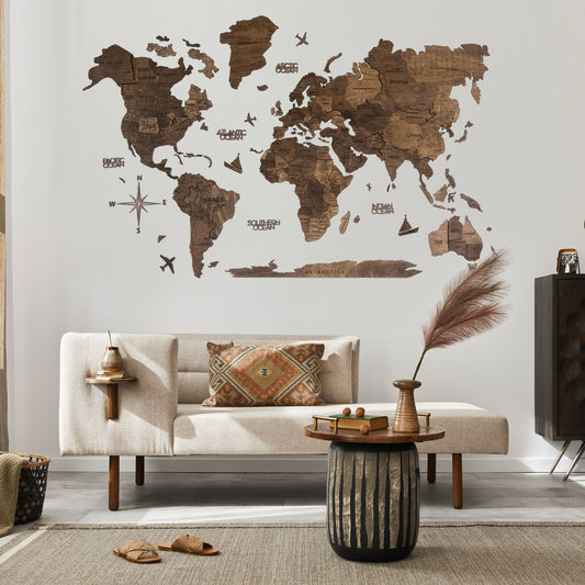 3D Ahşap Dünya Haritası – DARK WALNUT
